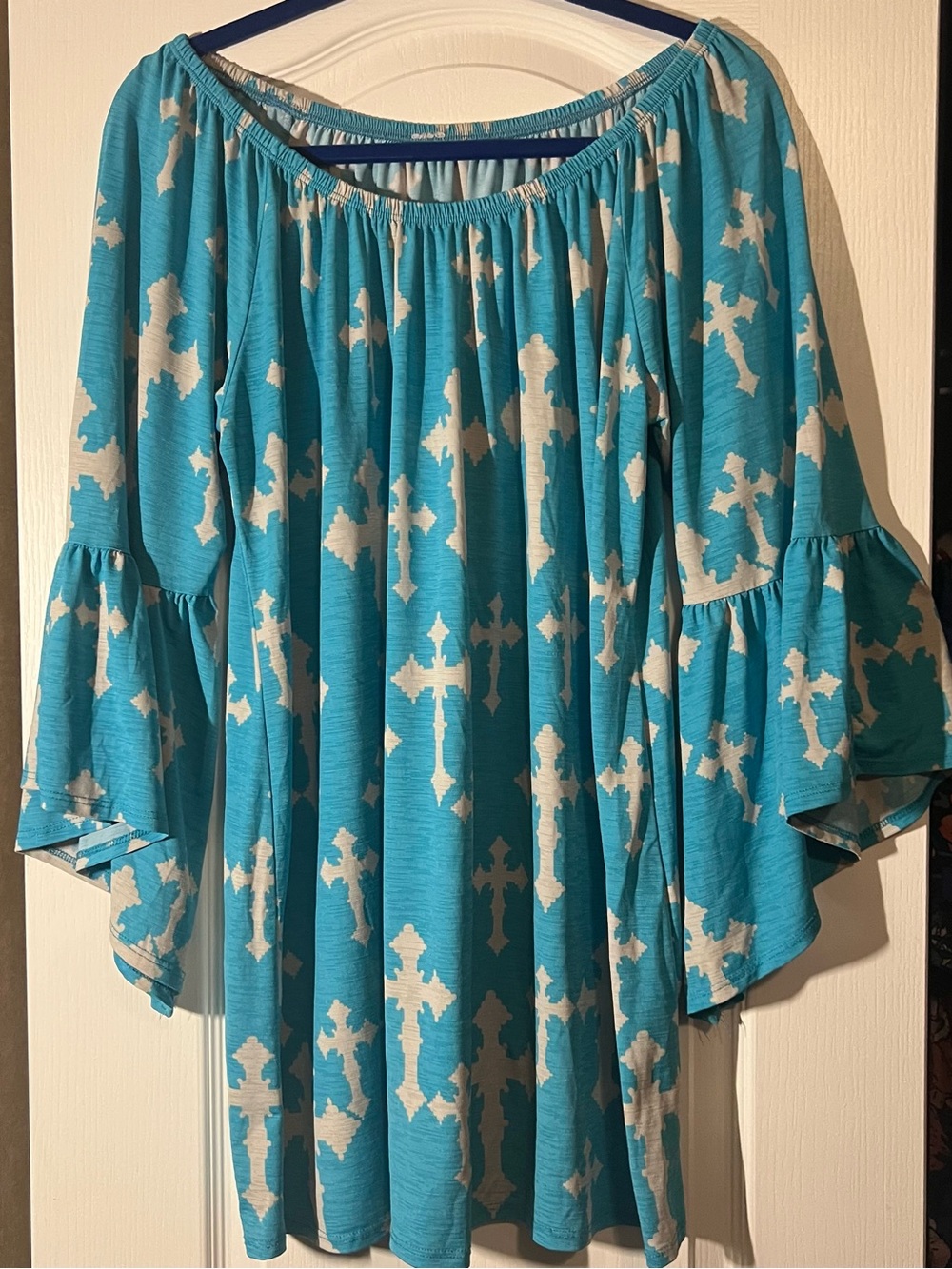 Women’s Off-Shoulder Turquoise Cross-Print Top